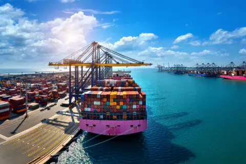 Aerial view of Khalifa Port container yard and quay cranes
